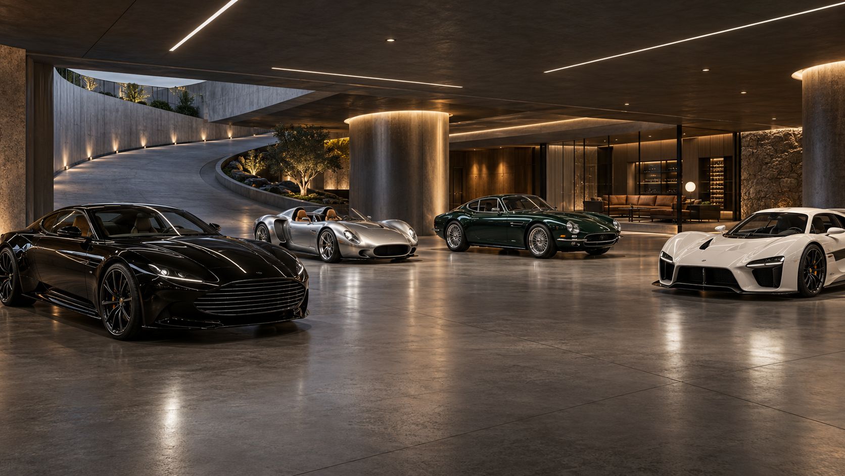 Lower-level gallery garage with a private car collection