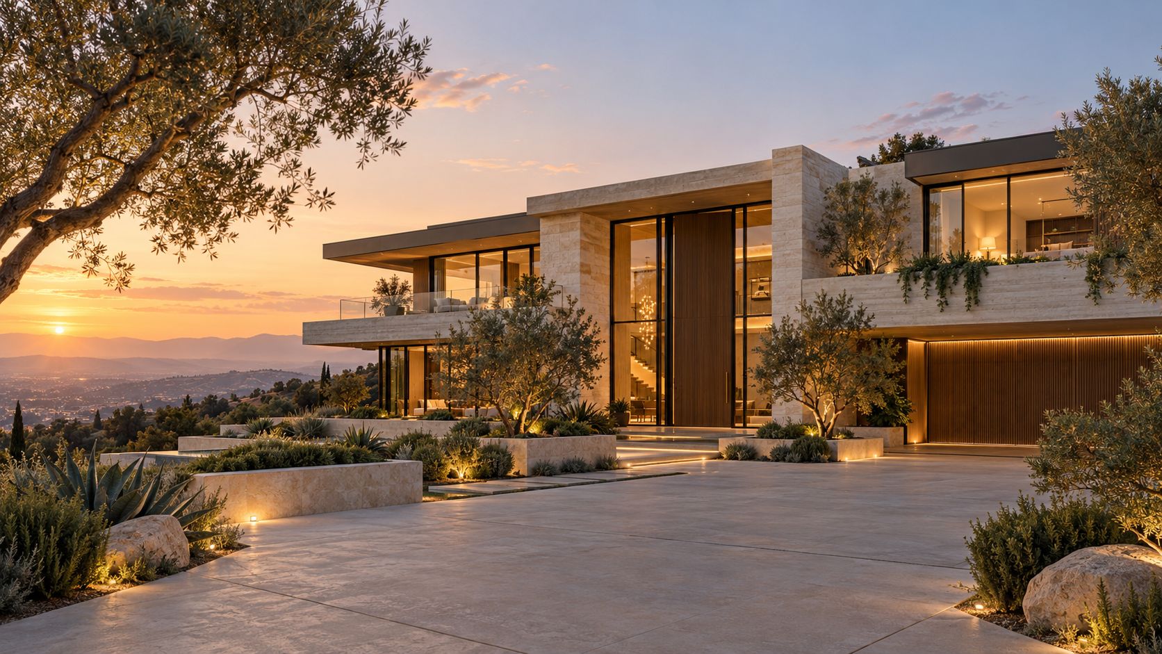 Modern hillside estate in limestone and glass at sunset
