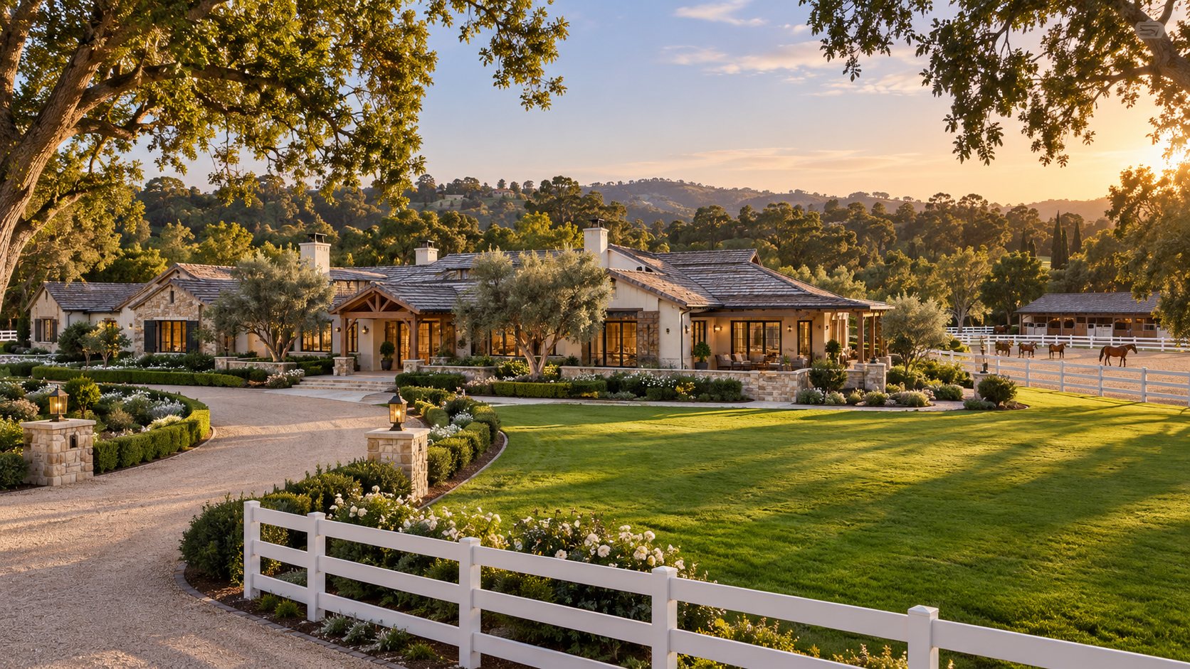 Equestrian estate with white rail fencing and oak trees at sunset