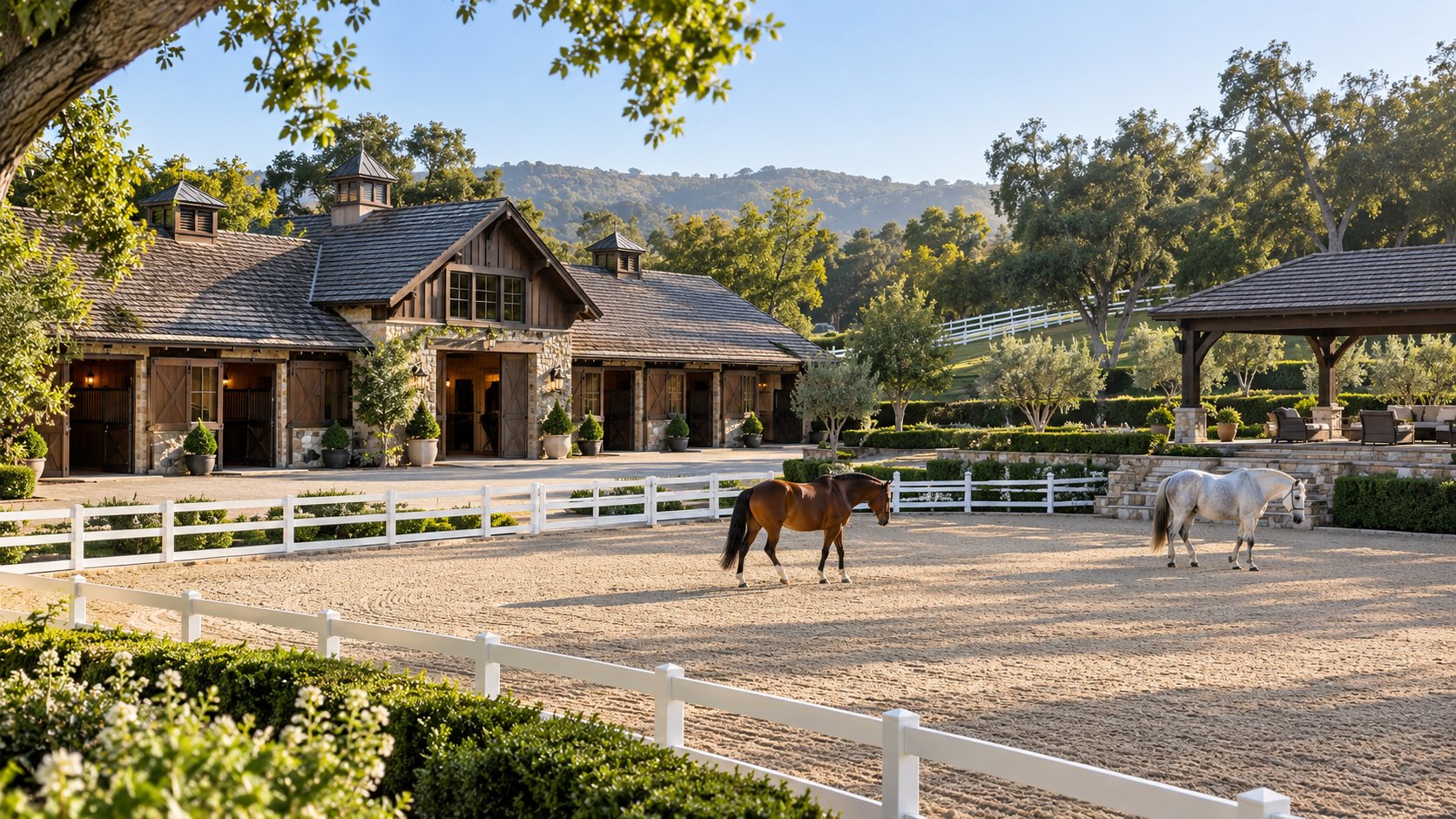 Private stable and riding arena with two horses