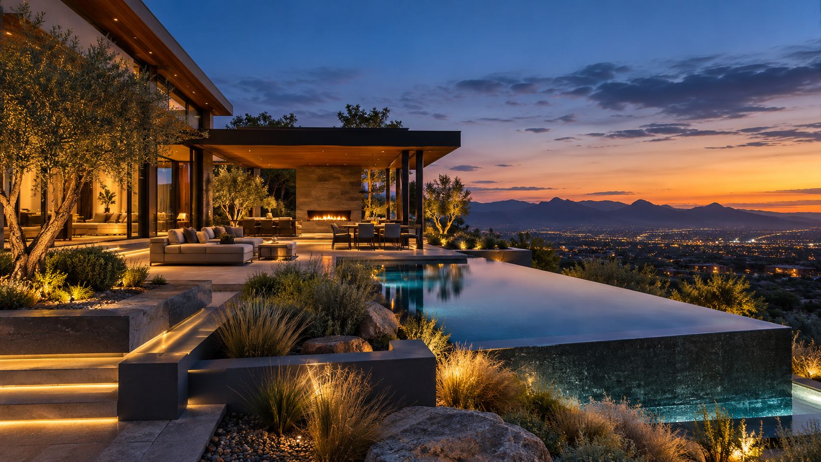Infinity pool overlooking the valley lights at dusk