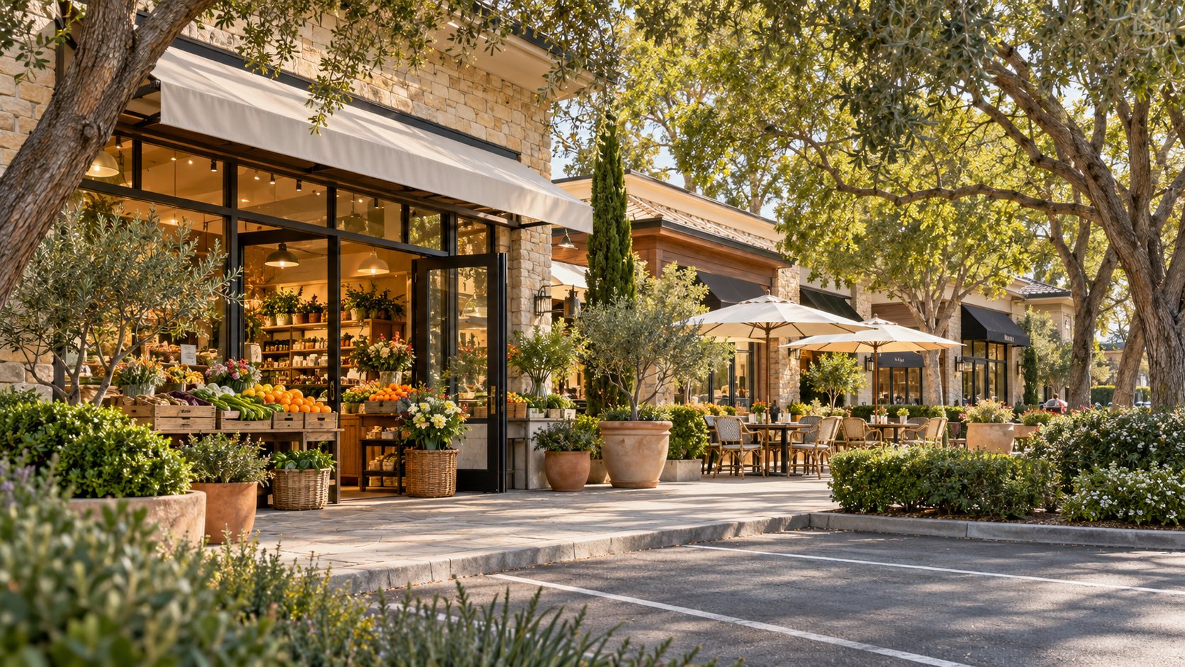 Neighborhood market and caf&eacute; with outdoor tables under oak trees