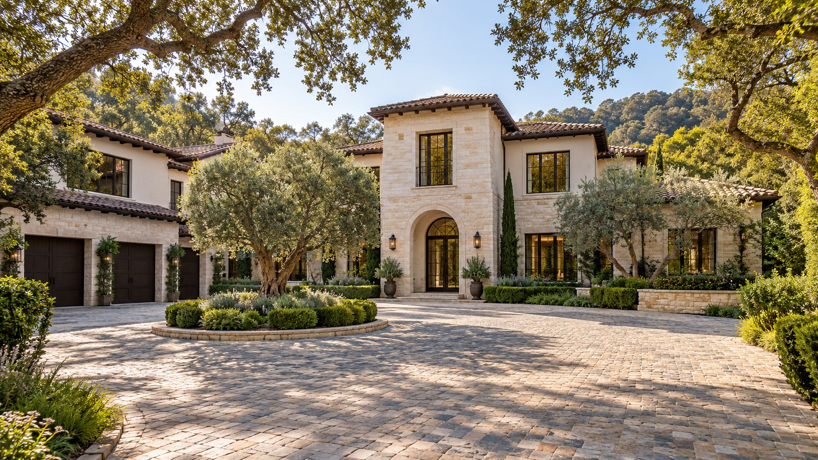 Mediterranean estate with a stone motor court and olive trees