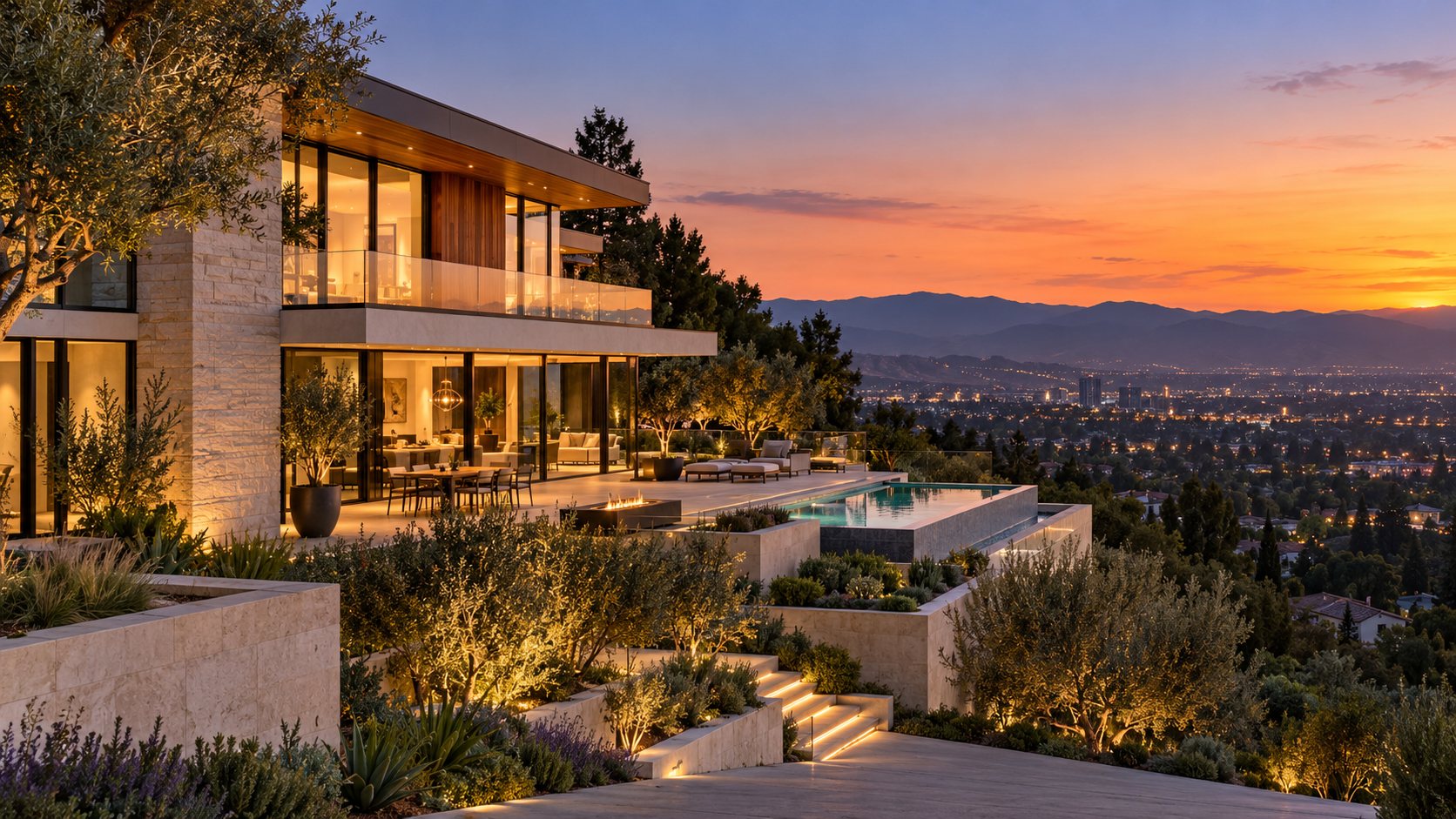Hillside home with terraces overlooking the Valley lights at sunset